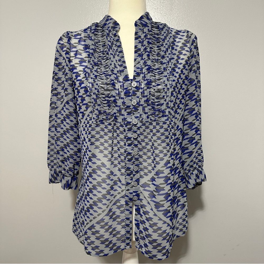 Banana Republic sheer 3/4 sleeve royal blue/gray top. Size S